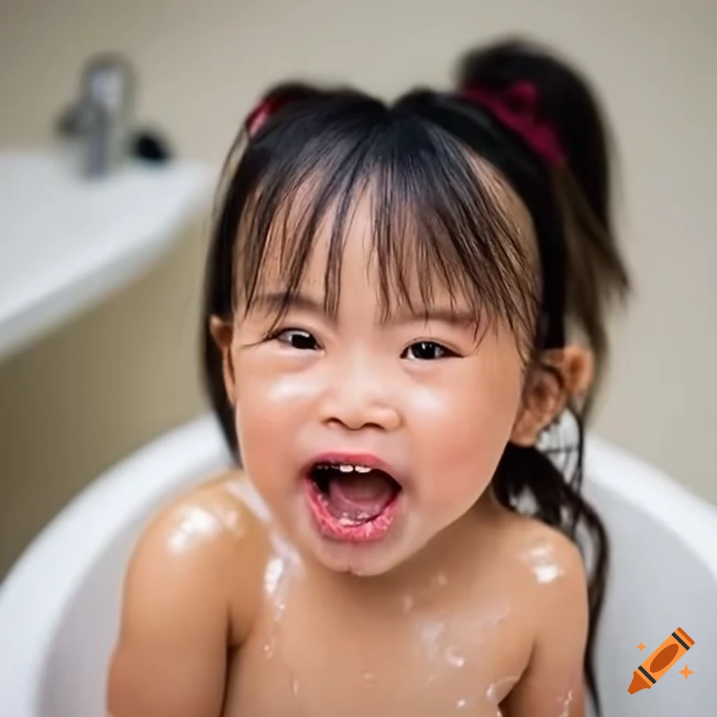Asian toddler girl enjoying bath time