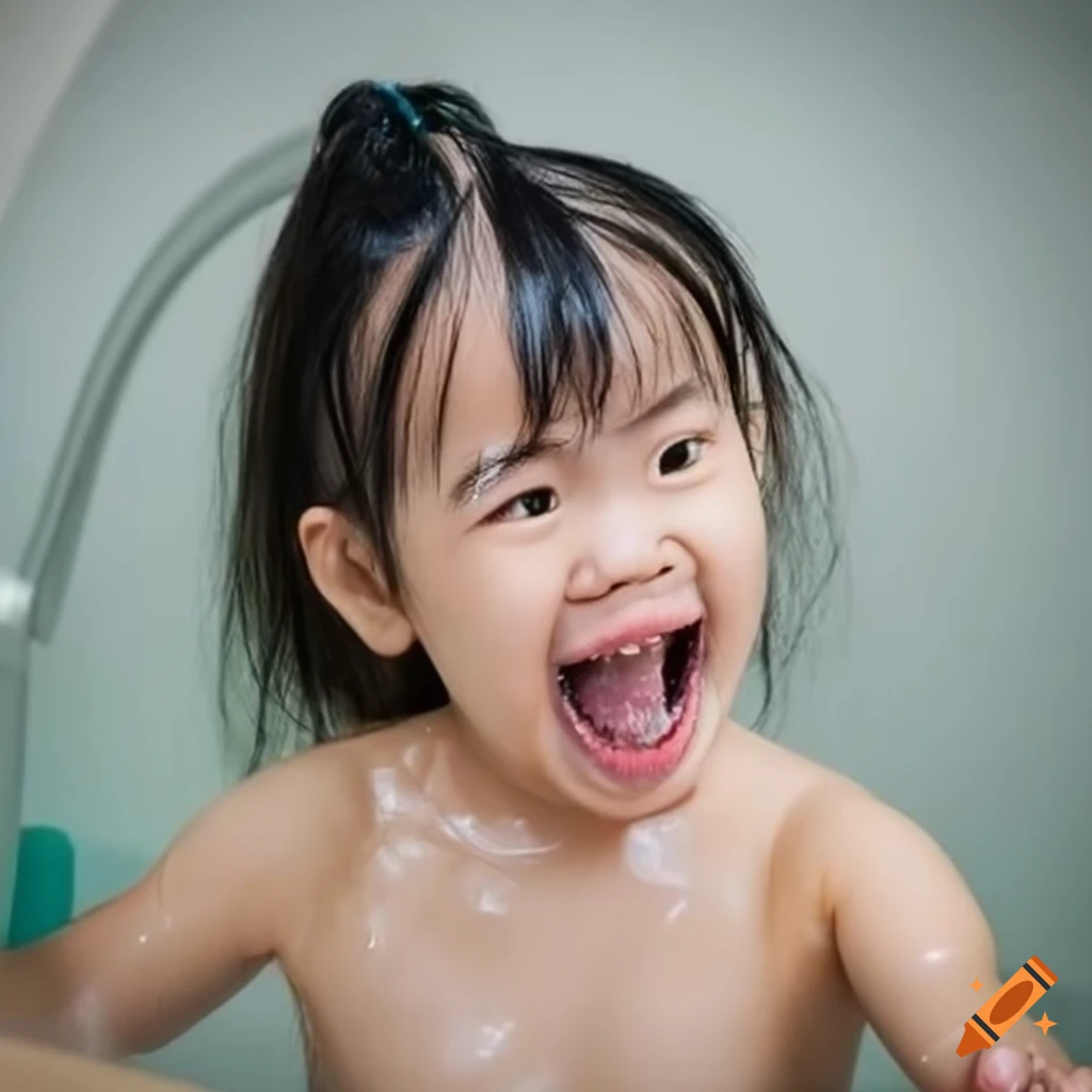 happy Asian toddler girl enjoying bath time
