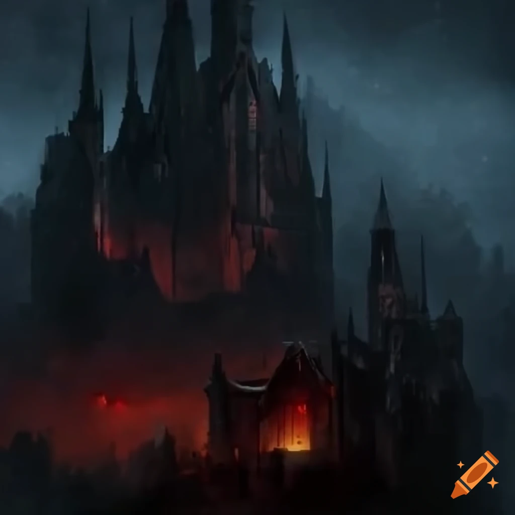 Image of a dark castle surrounded by boats in blood rain