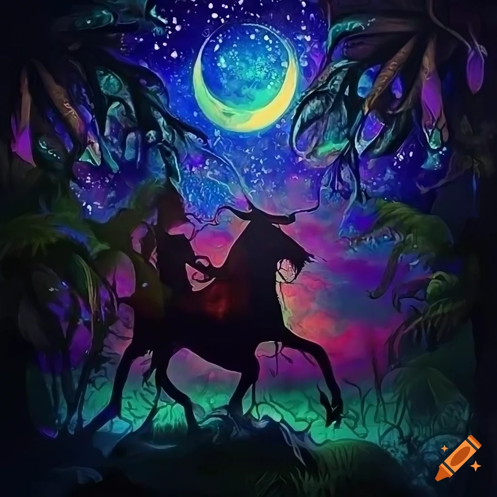vibrant painting of a toten hunting in the jungle at night