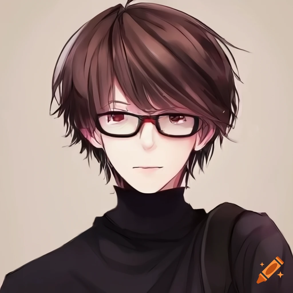 attractive anime boy with bowlcut hair, glasses, and turtleneck outfit