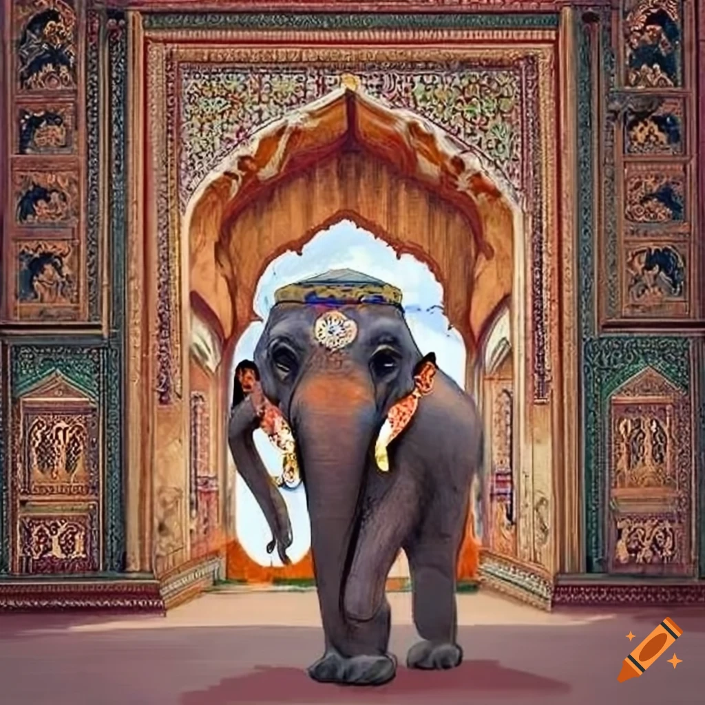 pencil shaded drawing of a boy riding an elephant at the entrance of a palace