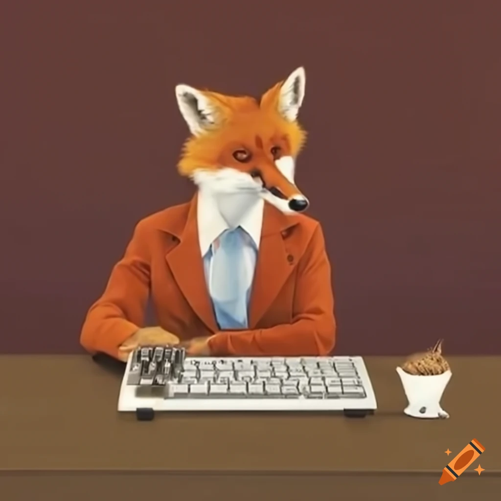 fox working on a computer in Wes Anderson style
