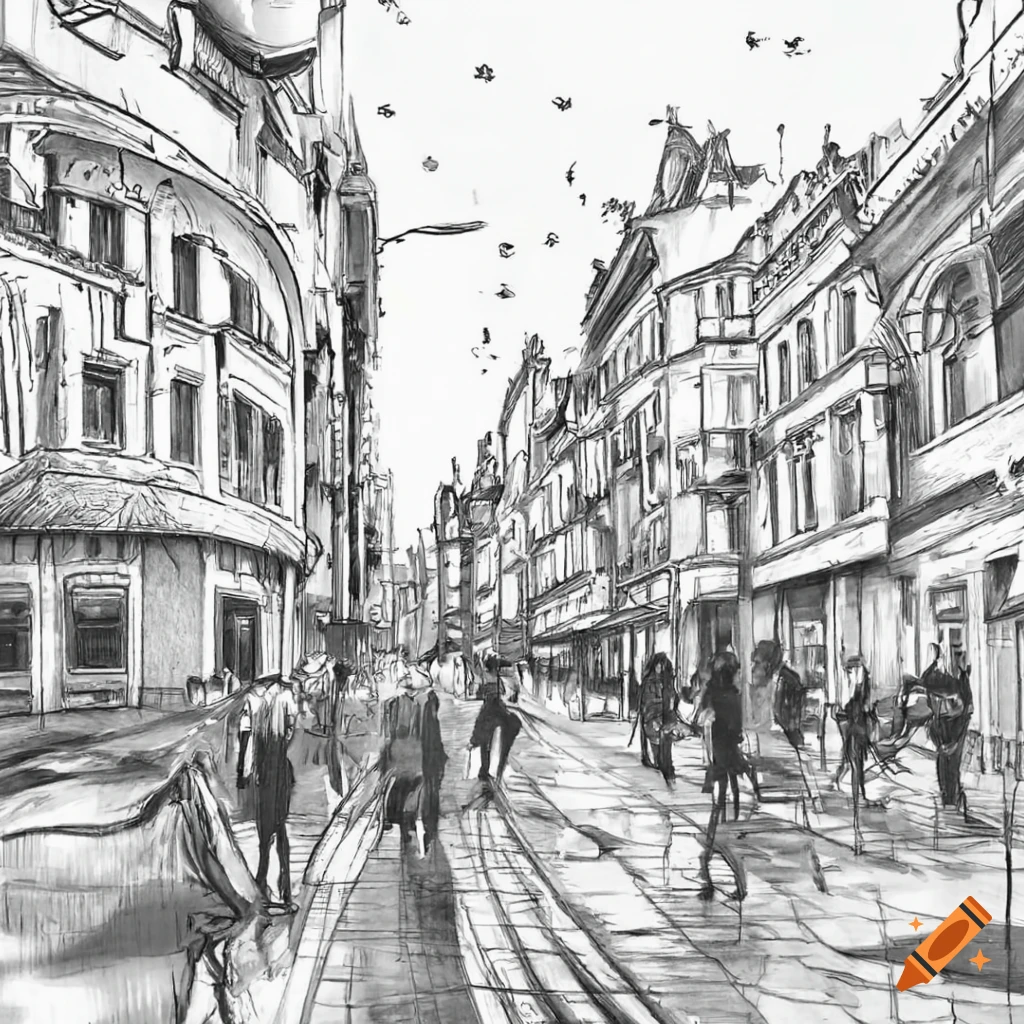 Illustration of a busy street with buildings and people on Craiyon