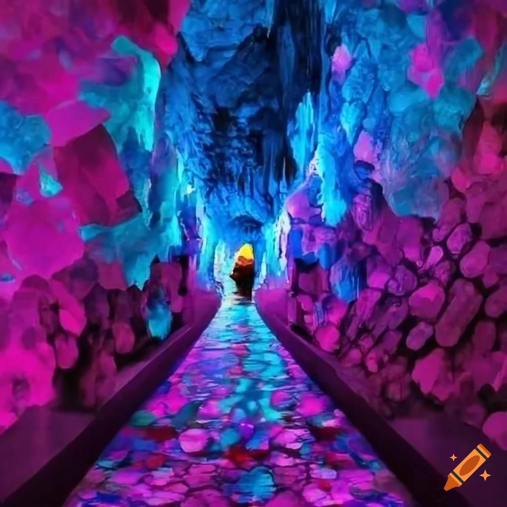Photo of a narrow corridor in a shimmering crystal cave on Craiyon