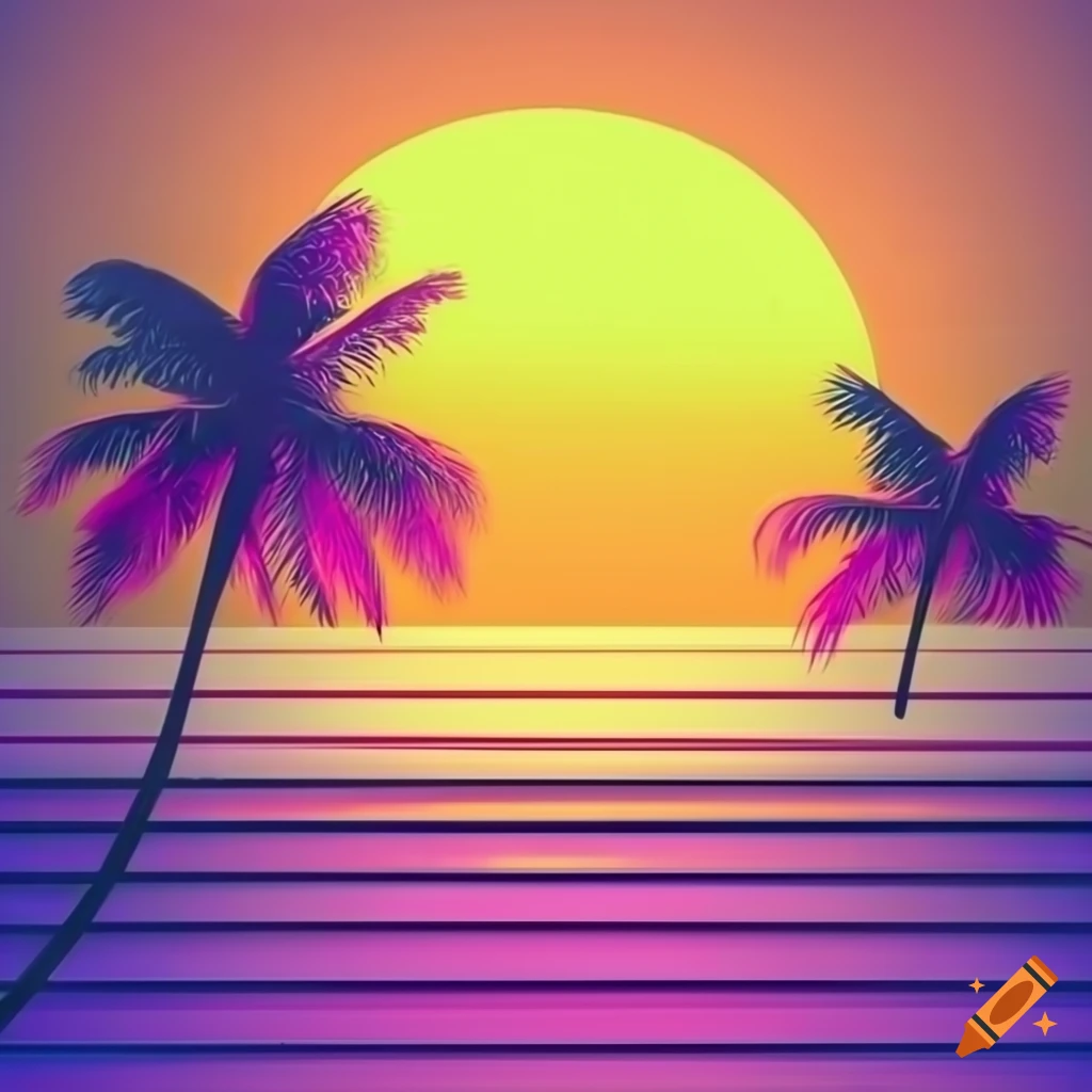 Bay lo fi aesthetic wallpaper. Sunset near ocean. Small island. Beach with  palm tree and sand 2D vector cartoon landscape illustration, purple lofi  background. 90s retro album art, chill vibes 27570062 Vector