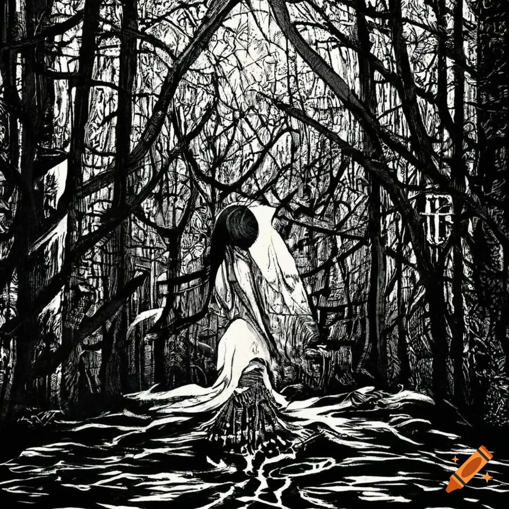 woodcut print of a woman in a mystical forest at night