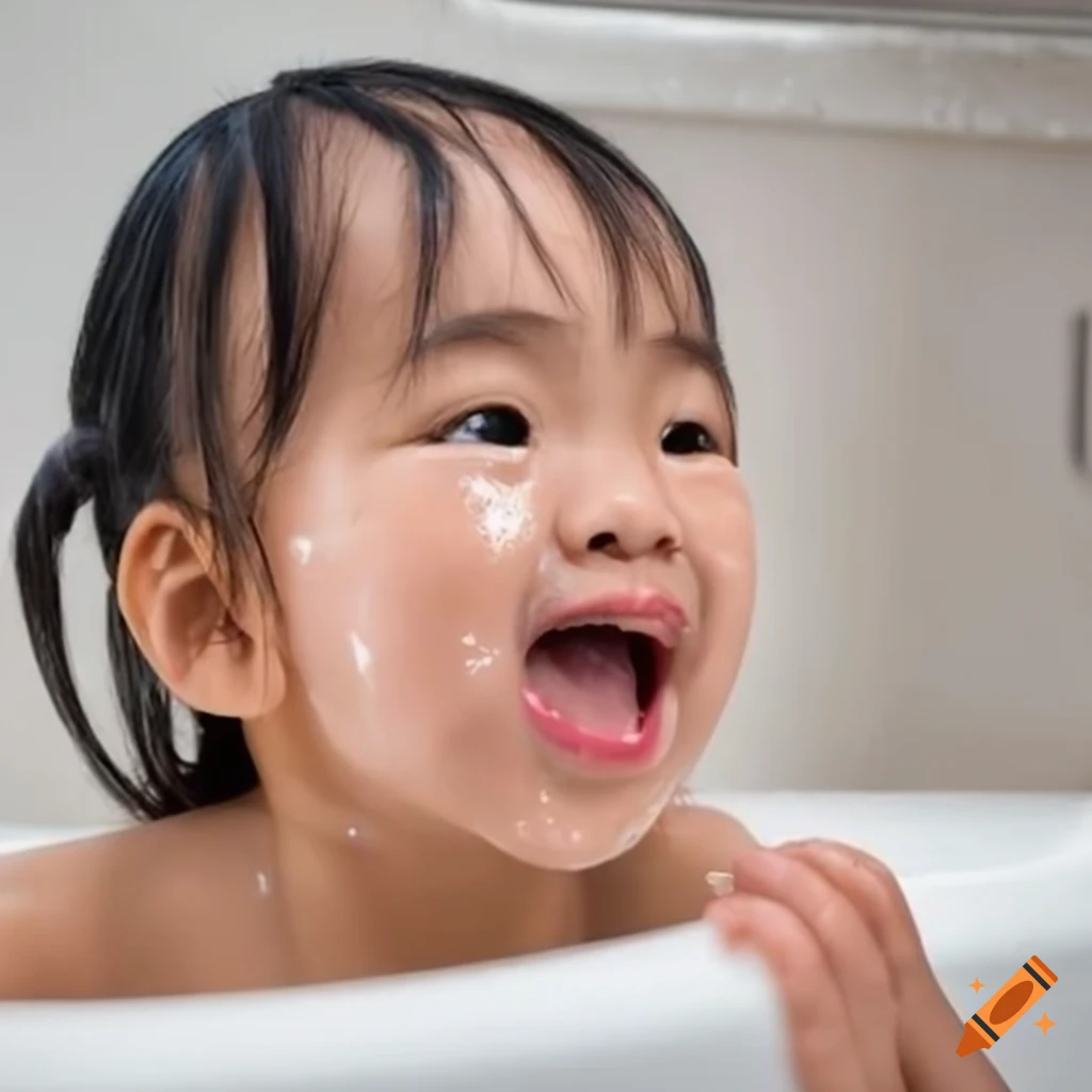 cute Asian toddler girl enjoying bath time