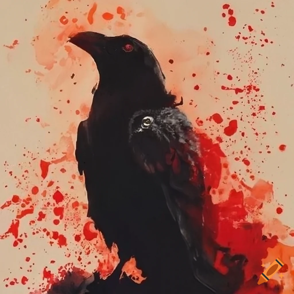 Monochromatic ink painting of a raven with red accents on Craiyon