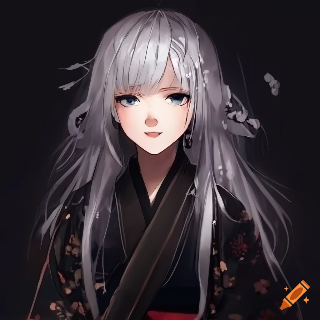 portrait of a girl with grey hair and white eyes in a black kimono