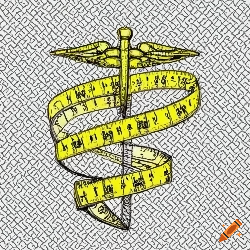 yellow measuring tapes arranged in the shape of a caduceus
