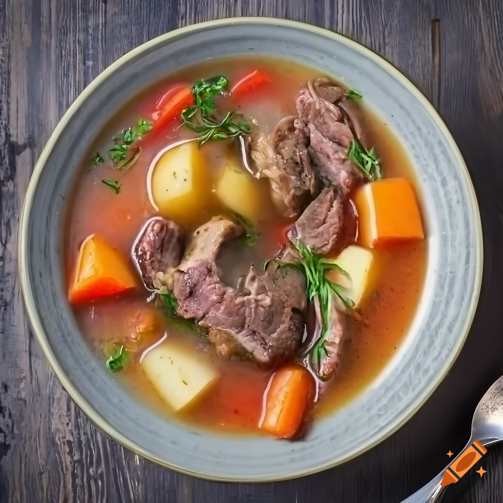 delicious lamb meat soup with vegetables and herbs
