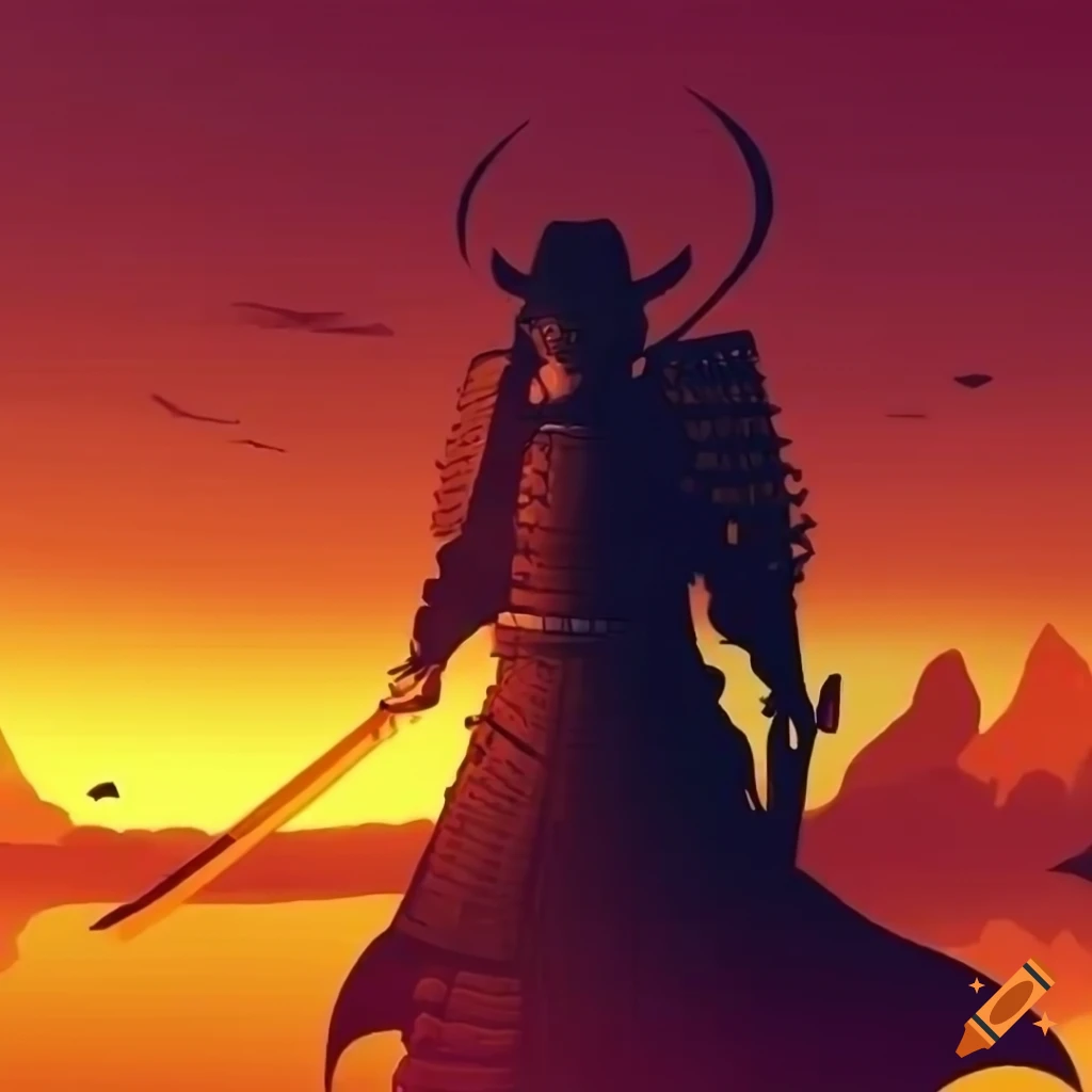sunset landscape with an armored samurai