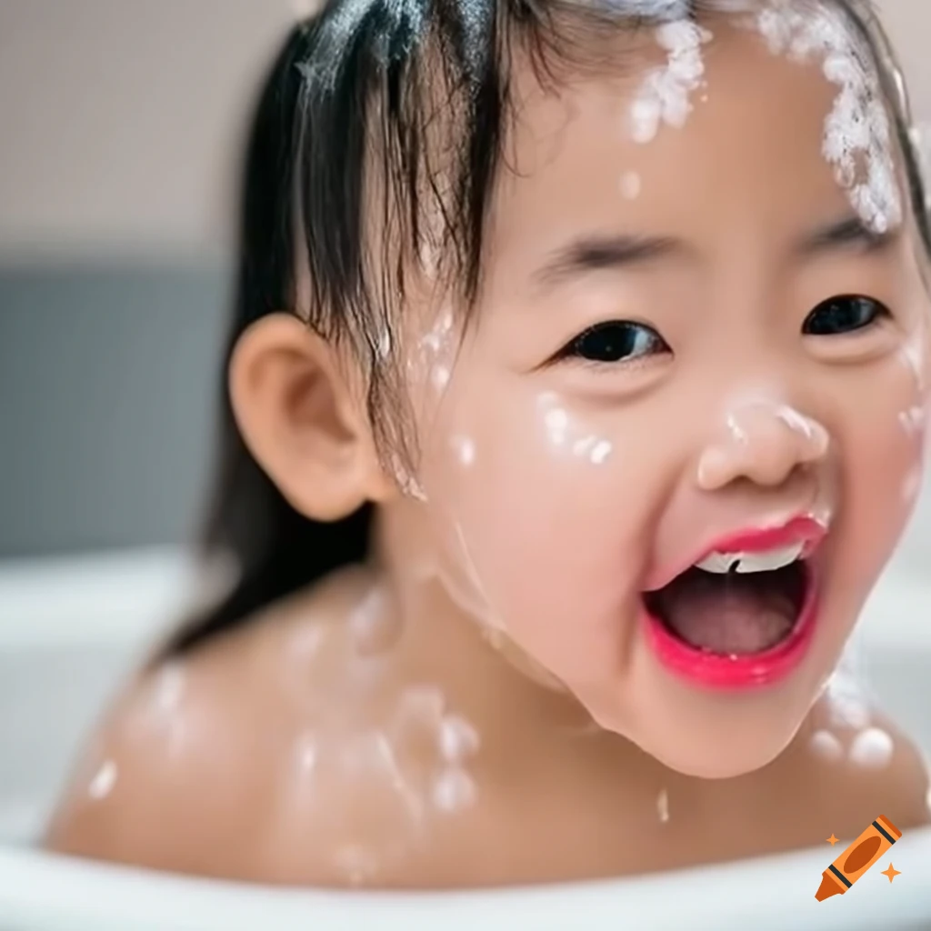 smiling toddler girl with pigtails enjoying bath time