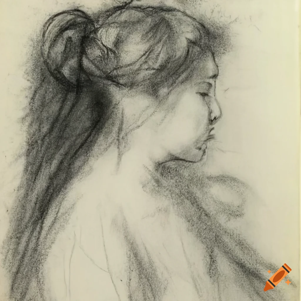 charcoal drawing of a girl with flowing hair