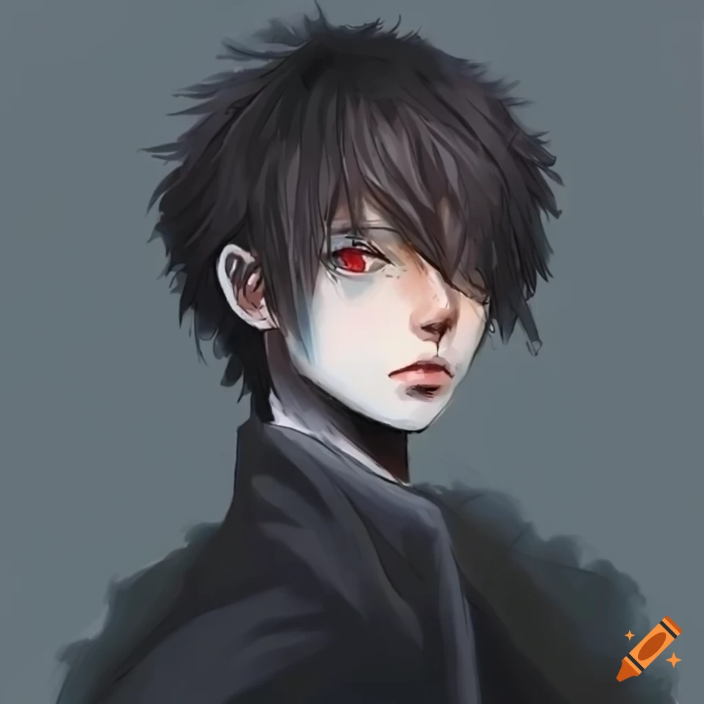 character design of an anime guy with dark brown hair and eyes