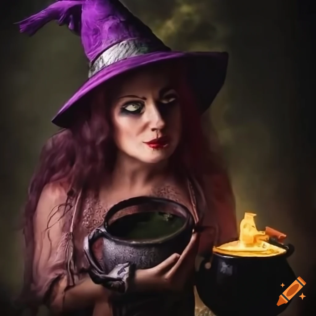 image of a witch holding a spellbook and potion near a cauldron