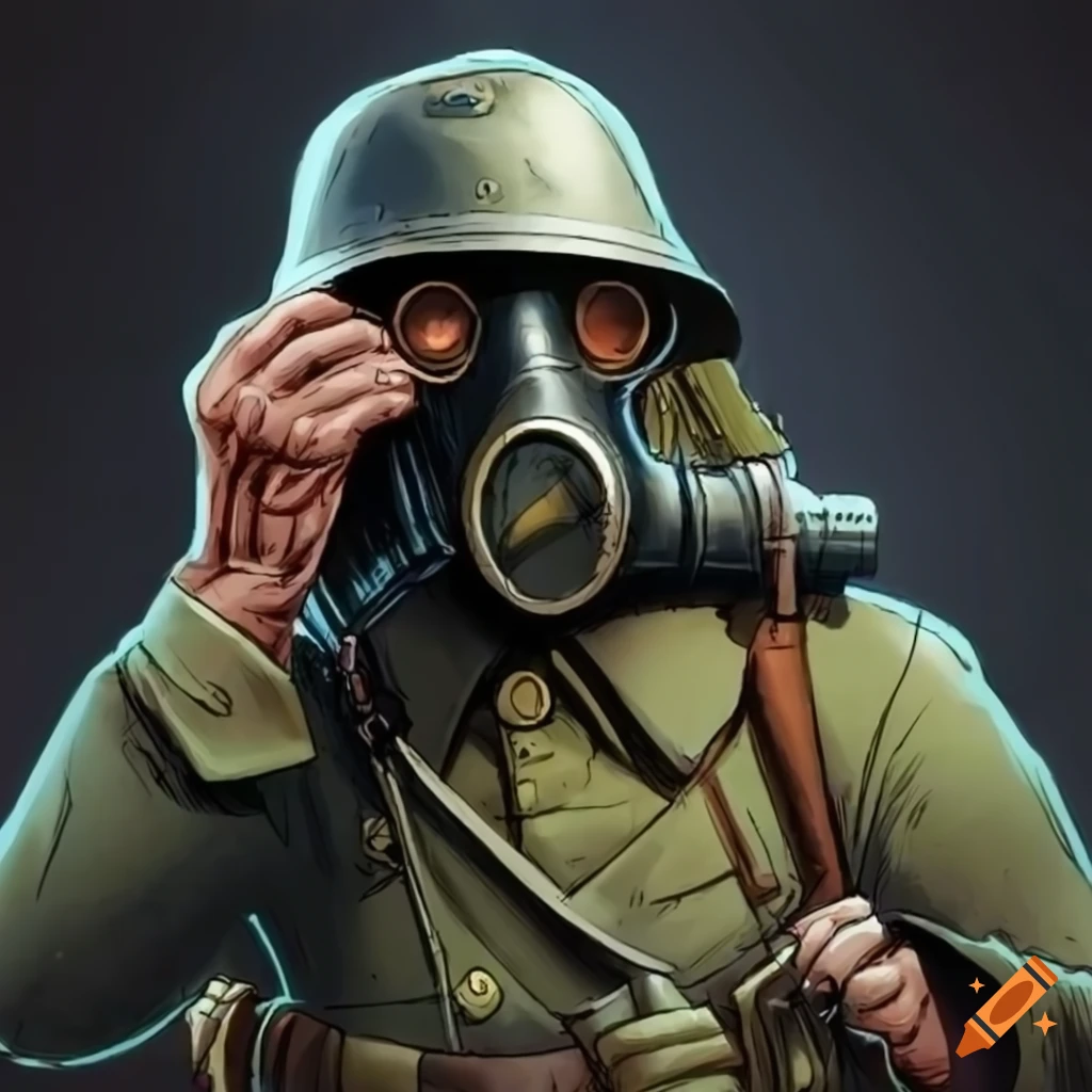 Comic of a ww1 soldier with gas mask and machine gun