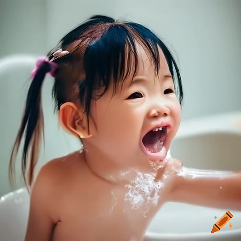 smiling Asian toddler girl enjoying bath time with pigtails and popsicle