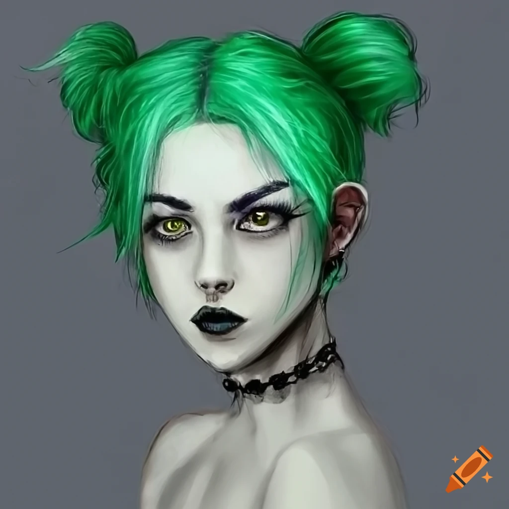 Green-haired woman with pigtails and tattoos