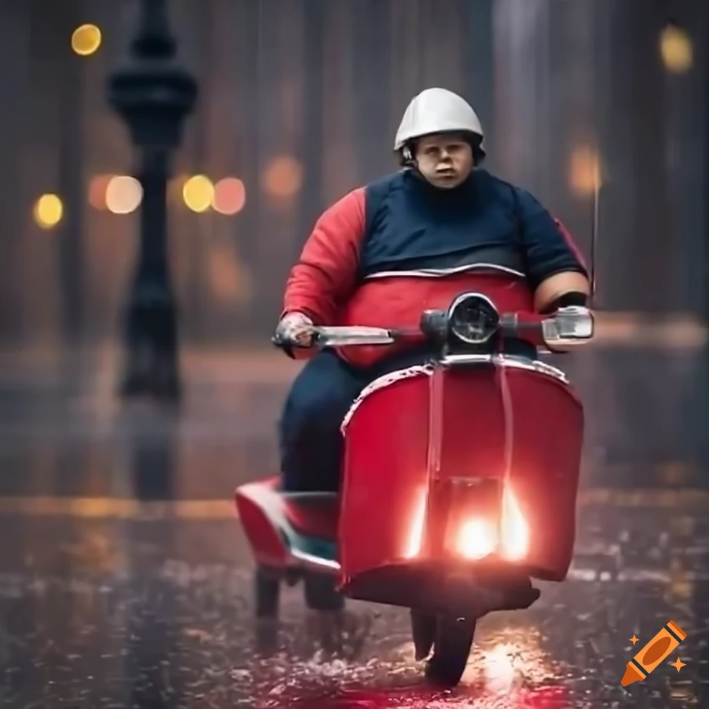 fireman on a red scooter in the rain at night