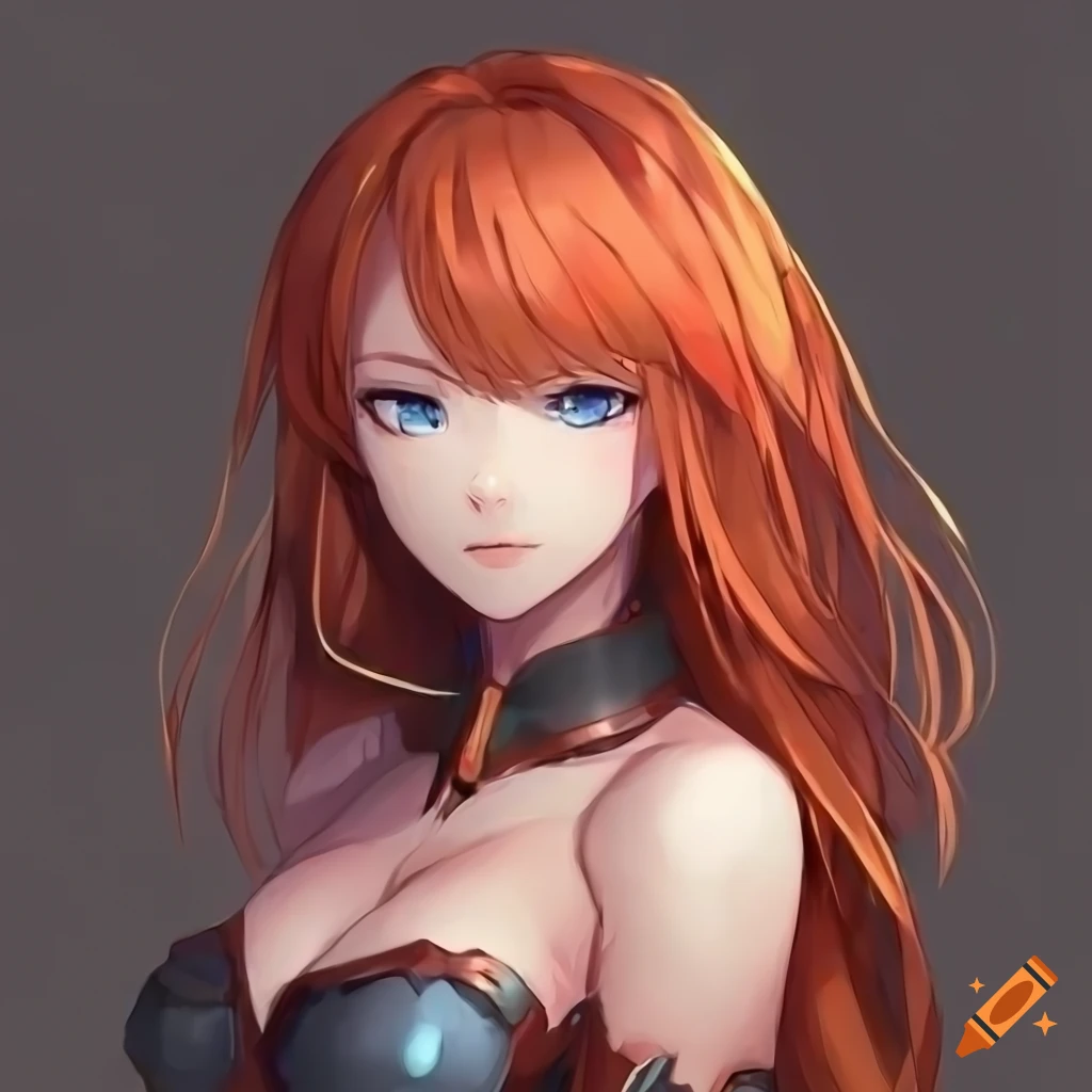 portrait of a girl with orange hair and blue eyes in red armor