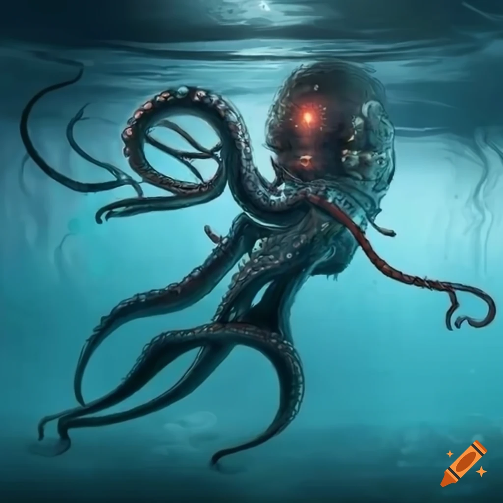 Artwork of a cyborg kraken attacking underwater on Craiyon