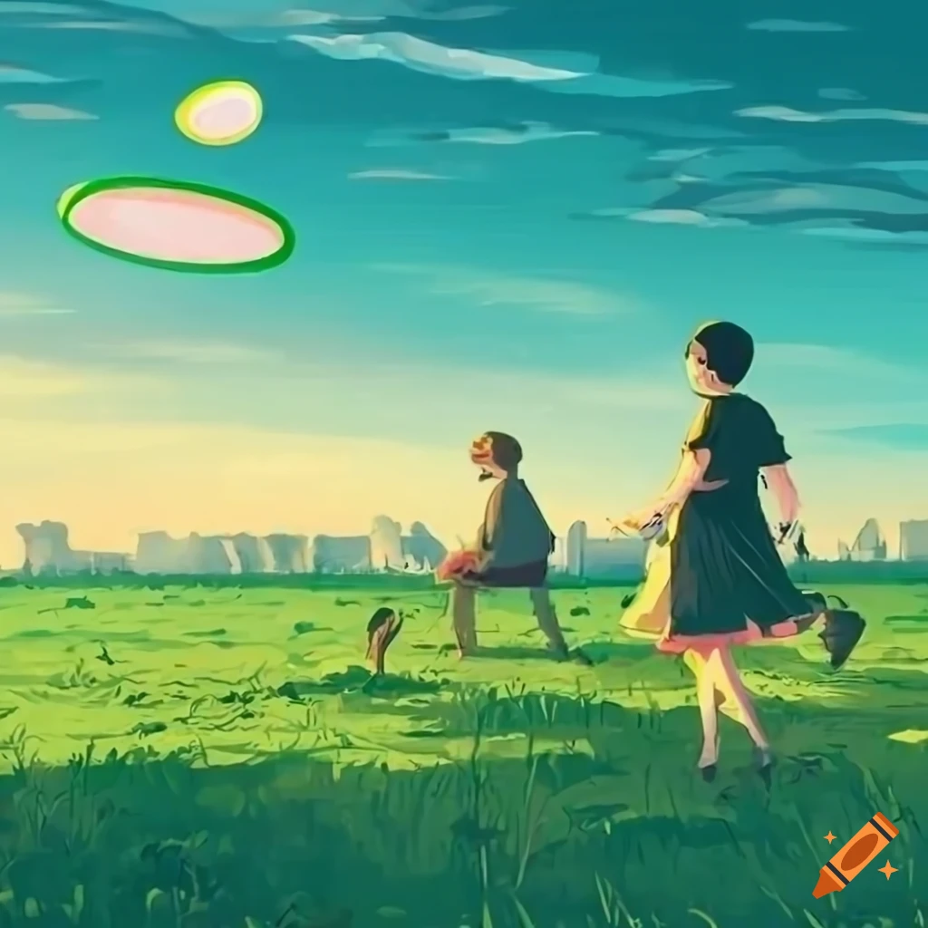Artistic representation of people playing frisbee in a green lawn with