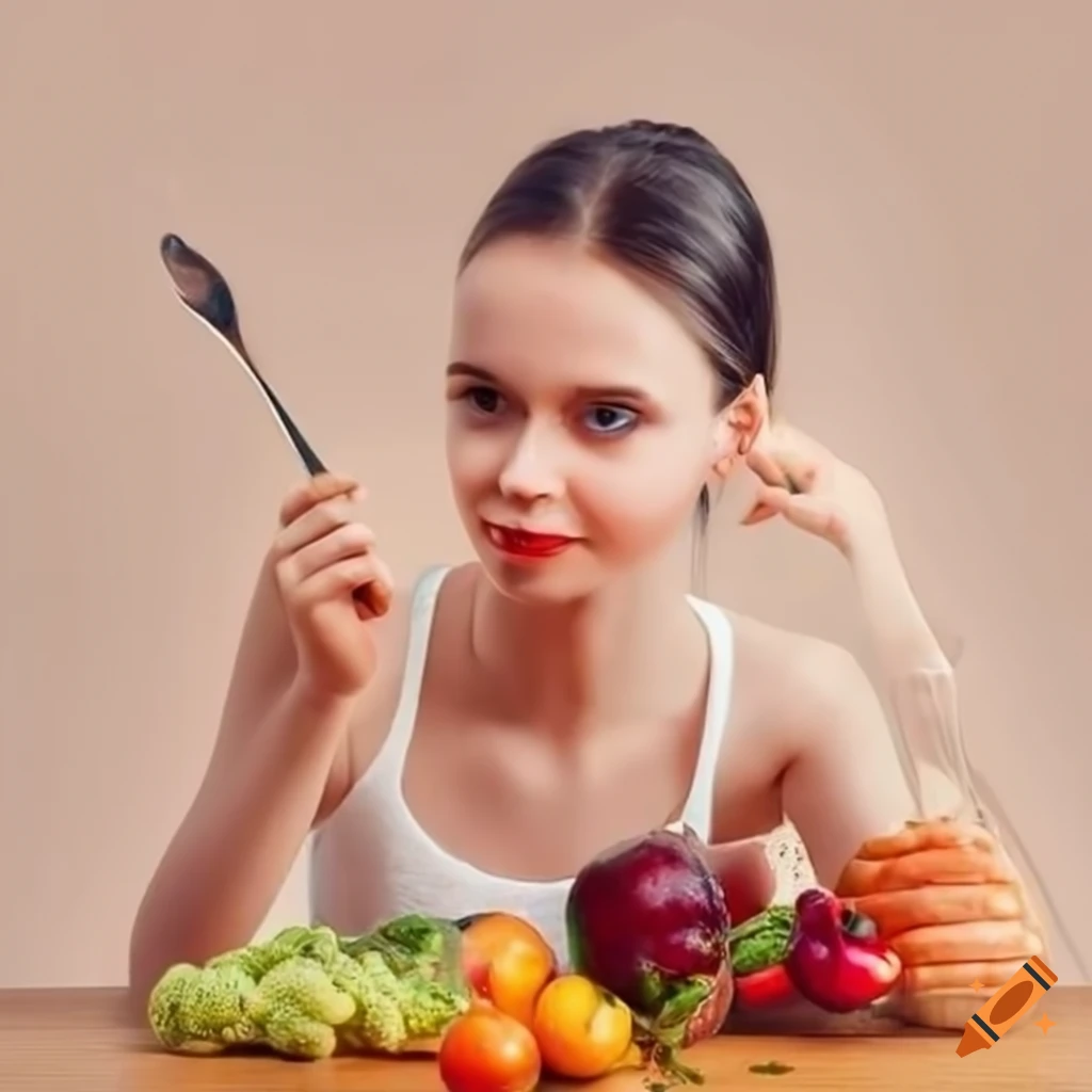 Girl serving a healthy meal with vegetables and fruits on Craiyon