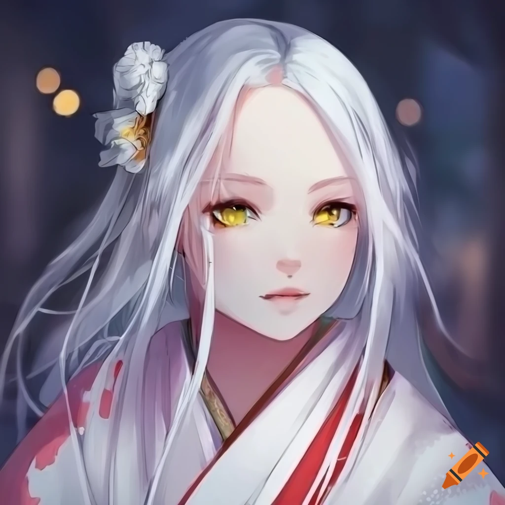 portrait of a girl with white hair and yellow eyes in a white kimono