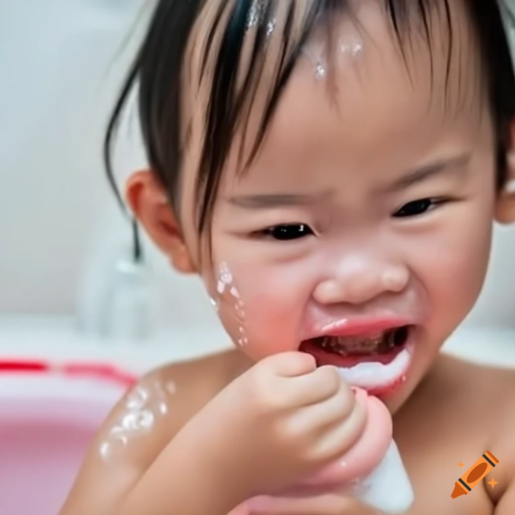 smiling Asian toddler girl enjoying bath time with pigtails and popsicle