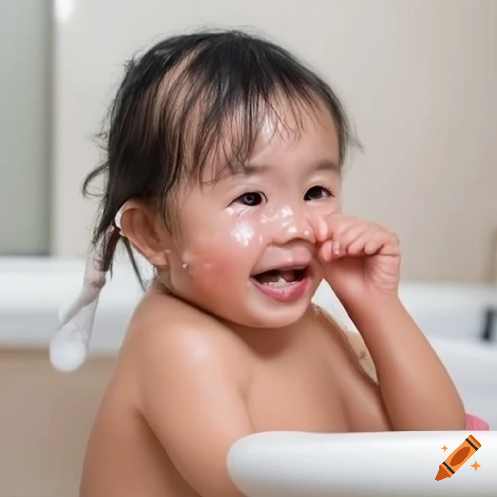 Asian toddler girl enjoying bath time with a white popsicle