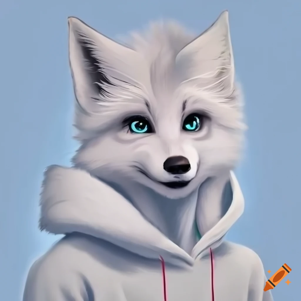 Male arctic fox wearing a white hoodie