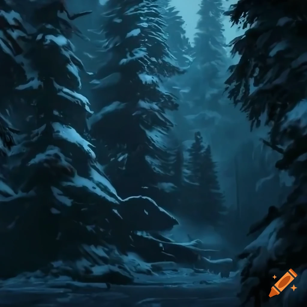 dark night in a snowy pine forest