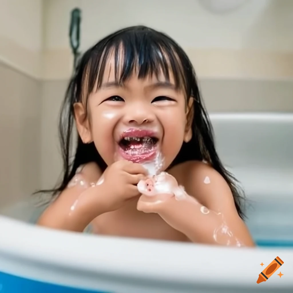 happy Asian toddler girl enjoying bath time