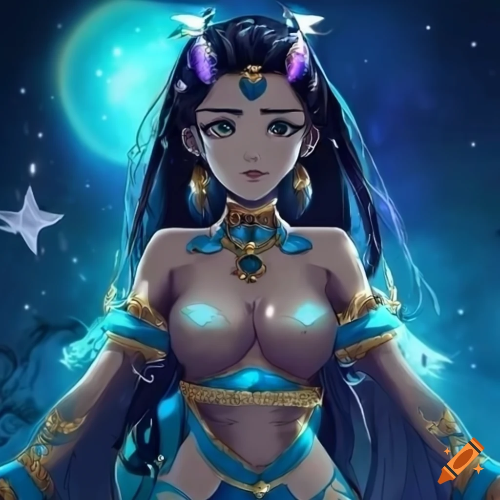 Anime character wearing a cyan dress with star-inspired jewelry on Craiyon