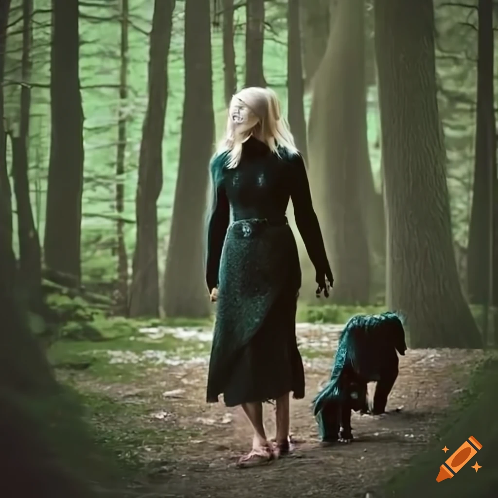 Blonde woman walking with black cats in a magical forest