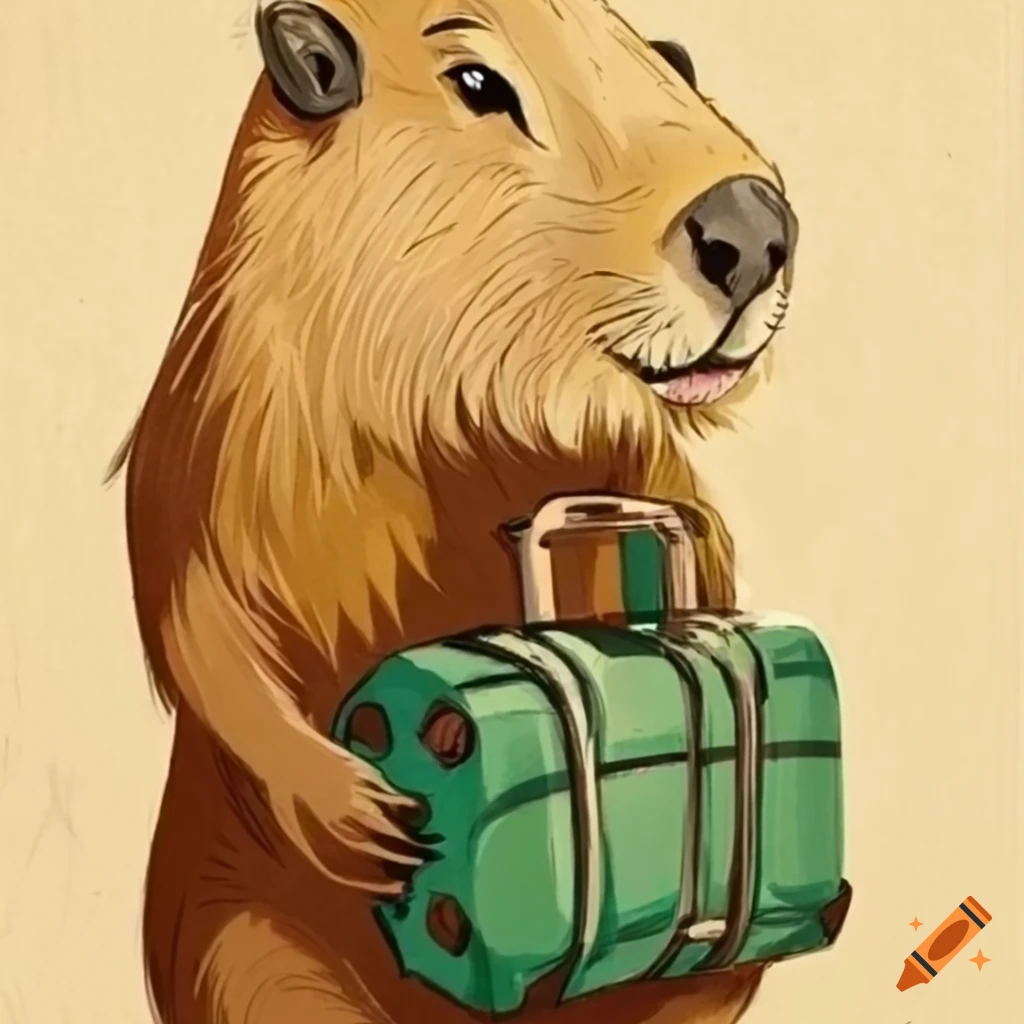 cartoon illustration of a capybara with a suitcase