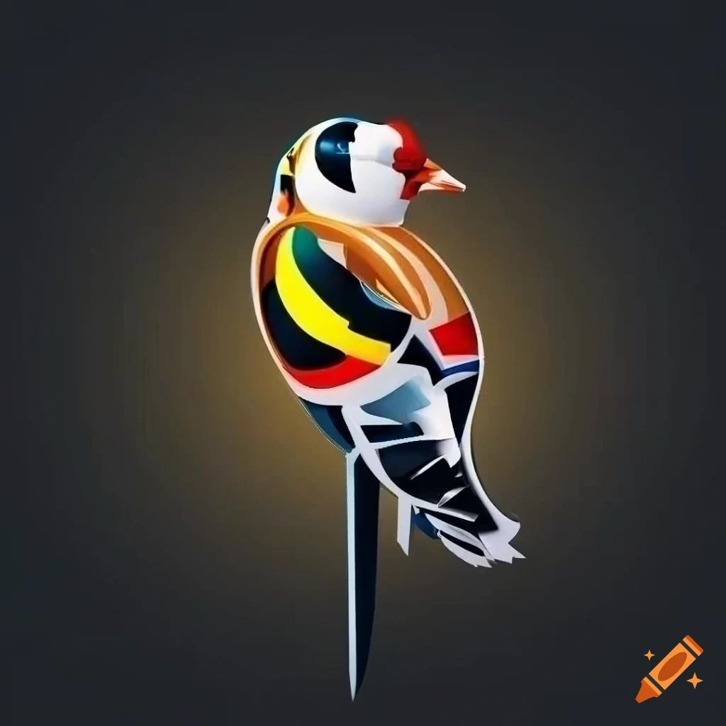 Highly detailed logo of a european goldfinch with subtle particles on