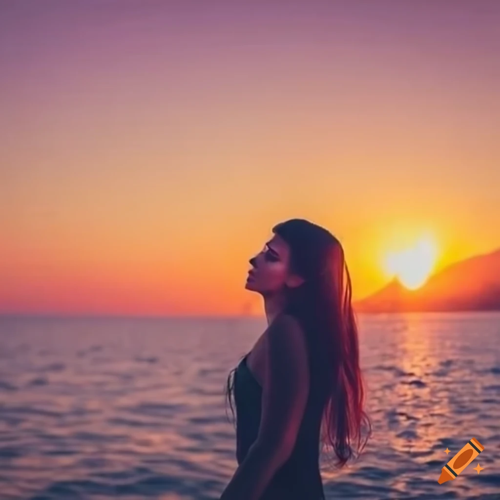 brunette-admiring-a-beautiful-sunset-on-craiyon