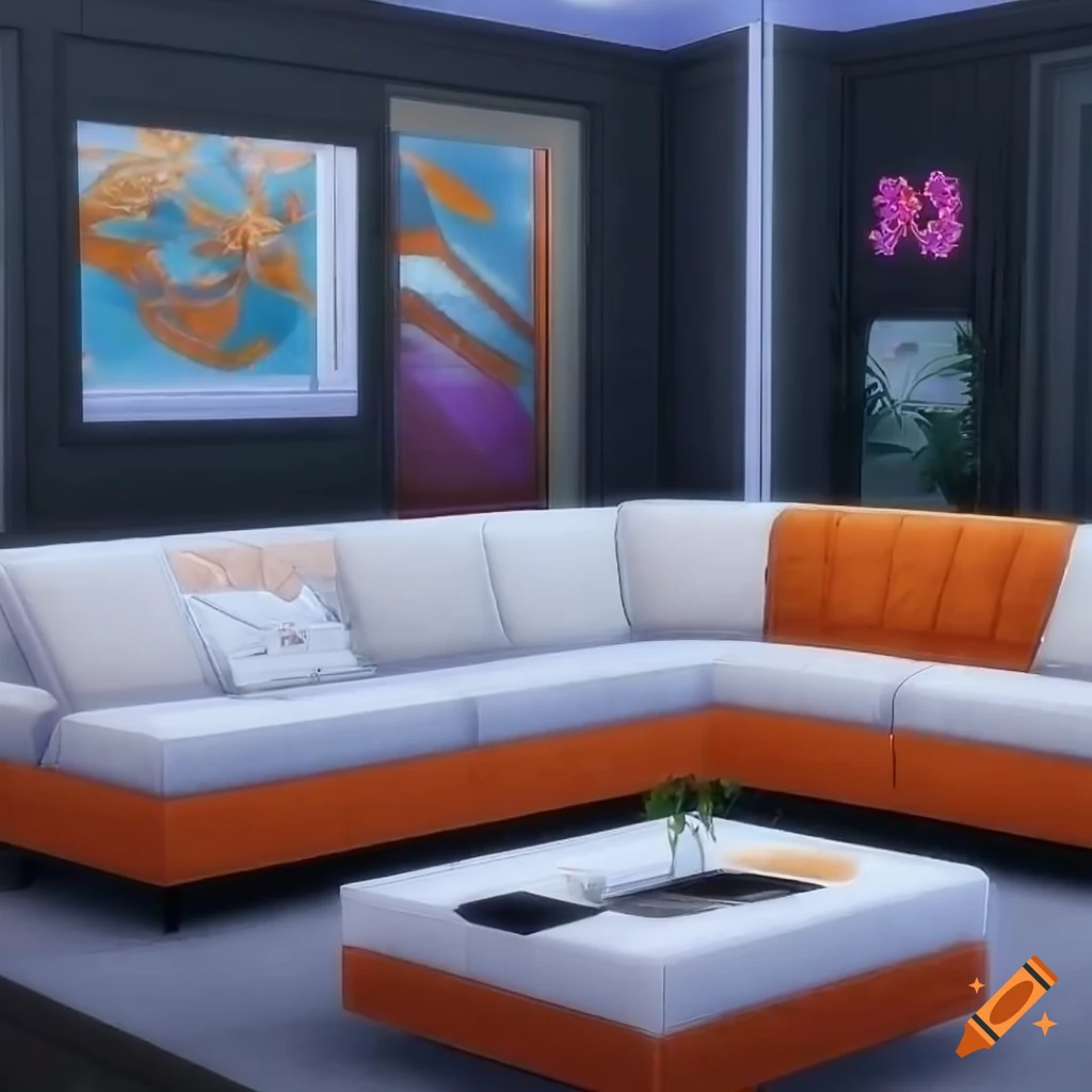 futuristic living room in orange and white colors