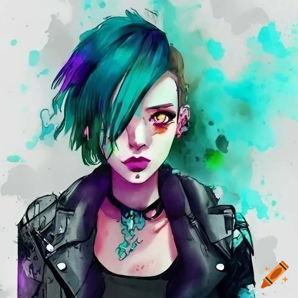 watercolor-portrait-of-a-cyberpunk-woman-with-teal-hair-on-craiyon