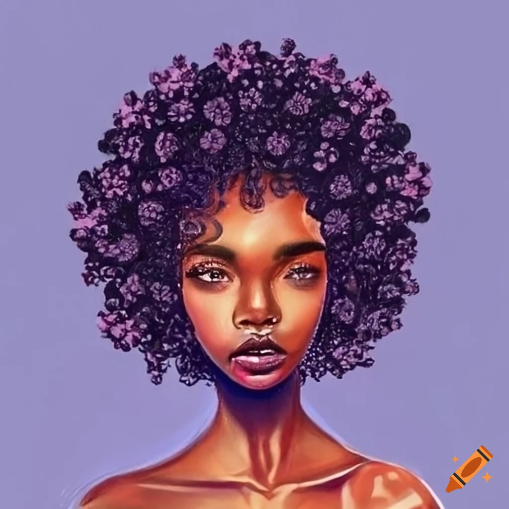 portrait of a black woman with lantanas as hair