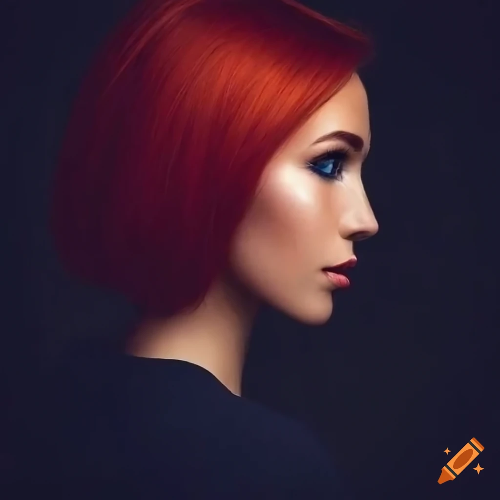 Portrait of a stunning woman with red bob hair and blue eyes on Craiyon