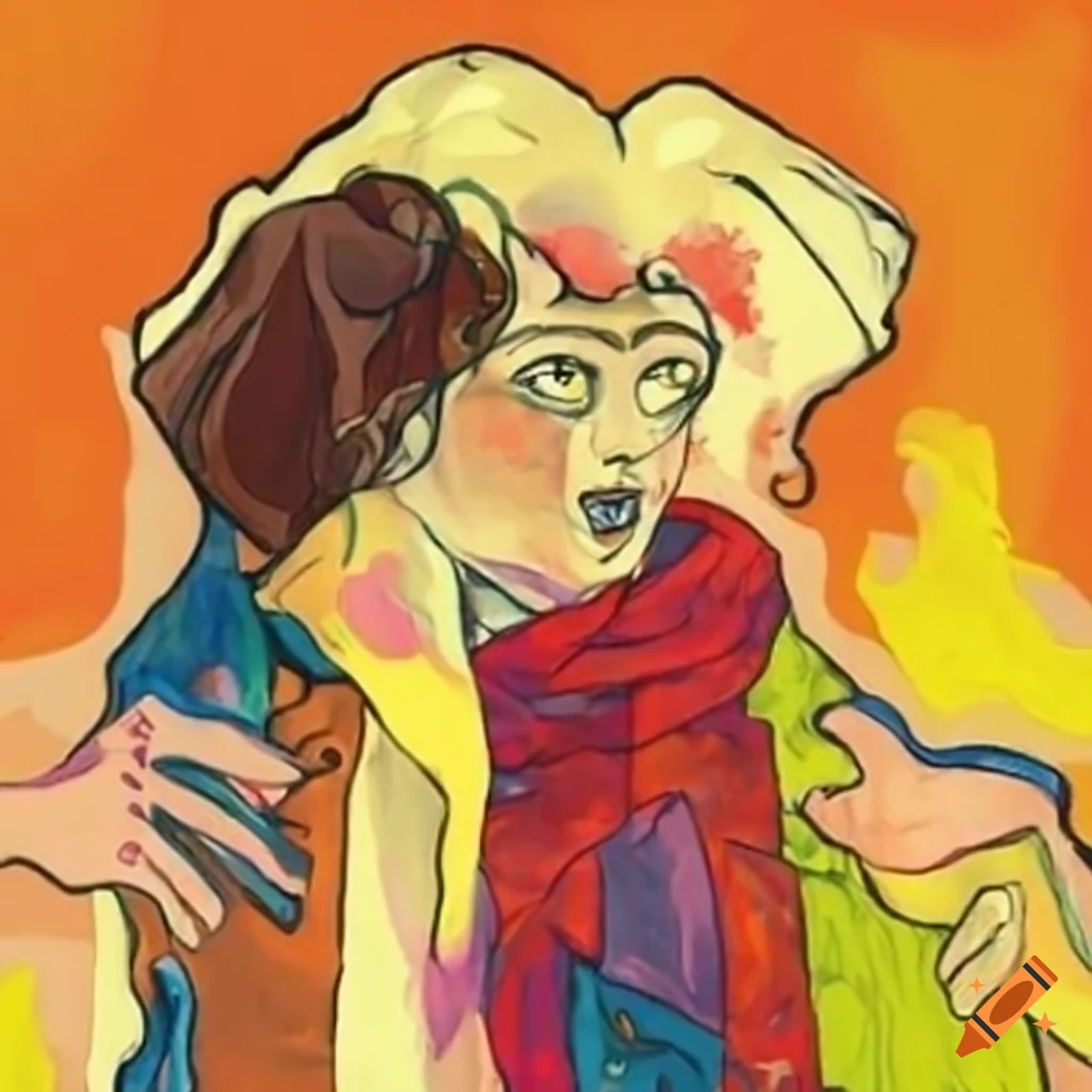 Abstract black and white drawing of a tulip flower and girl standing in