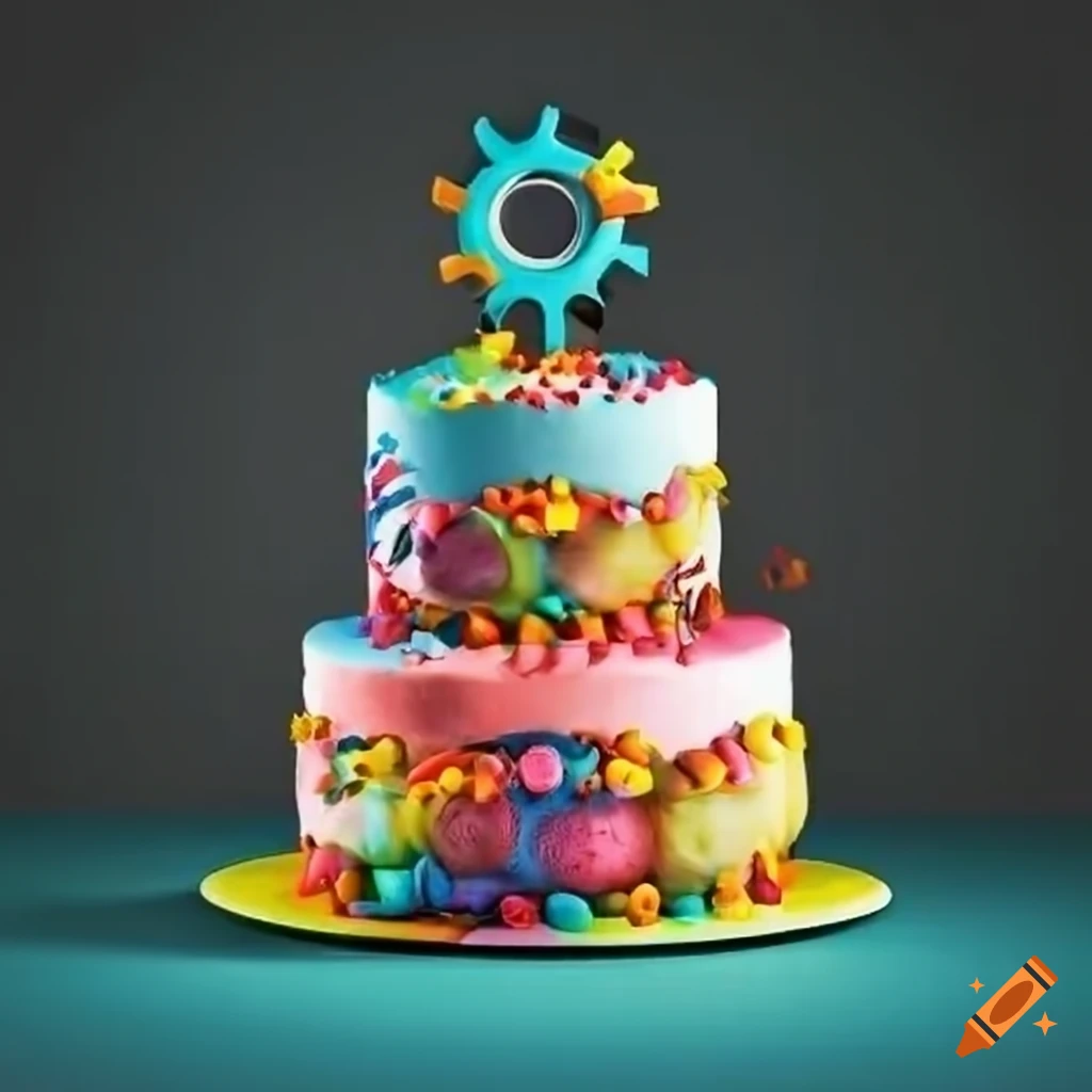 colorful cake with cogwheel decorations for 25th anniversary