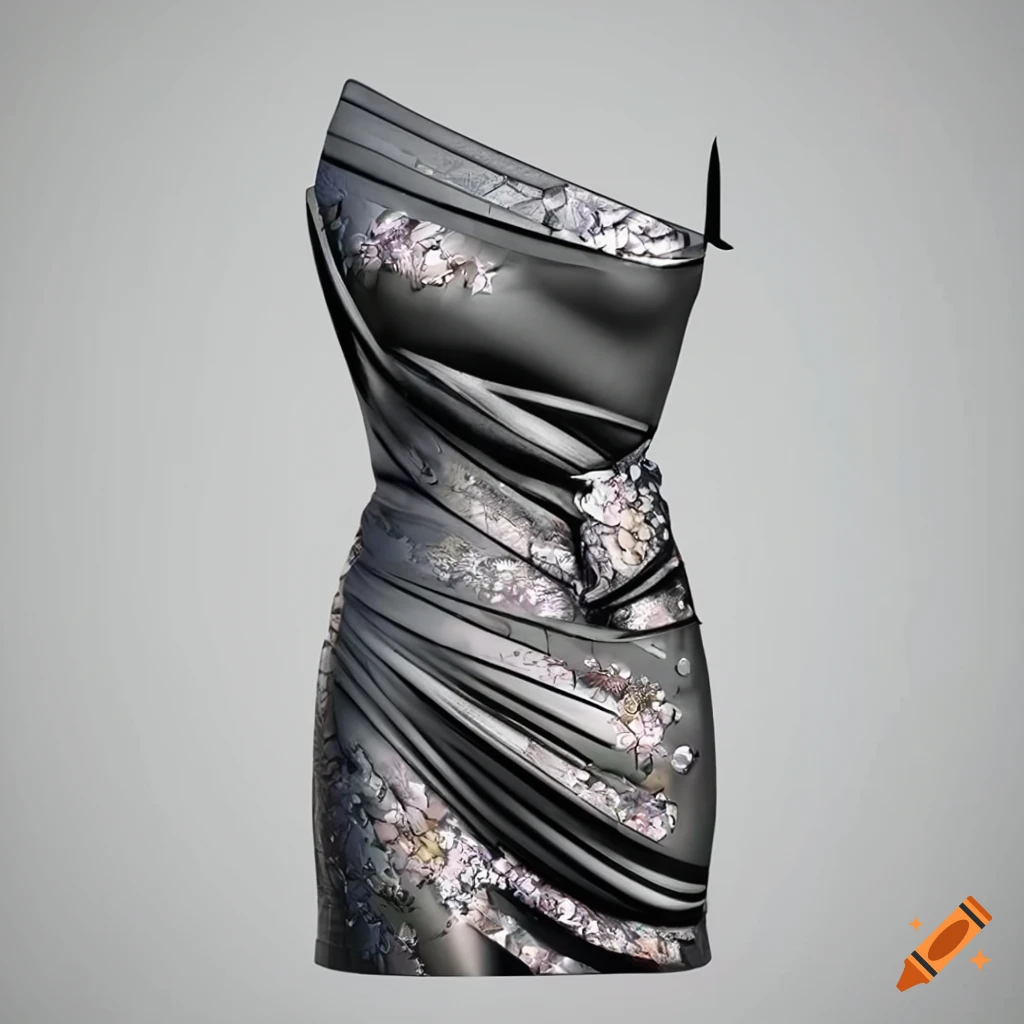 photorealistic close-up of a one-shoulder mini wrap dress in cloque fabric