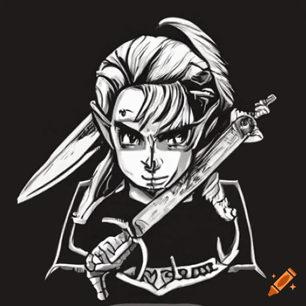Link holding the master sword in a tattoo style drawing