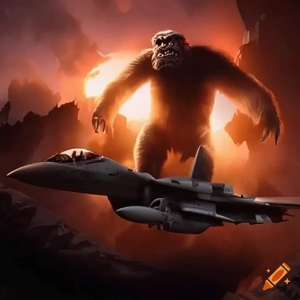 fighter jet standing next to King Kong