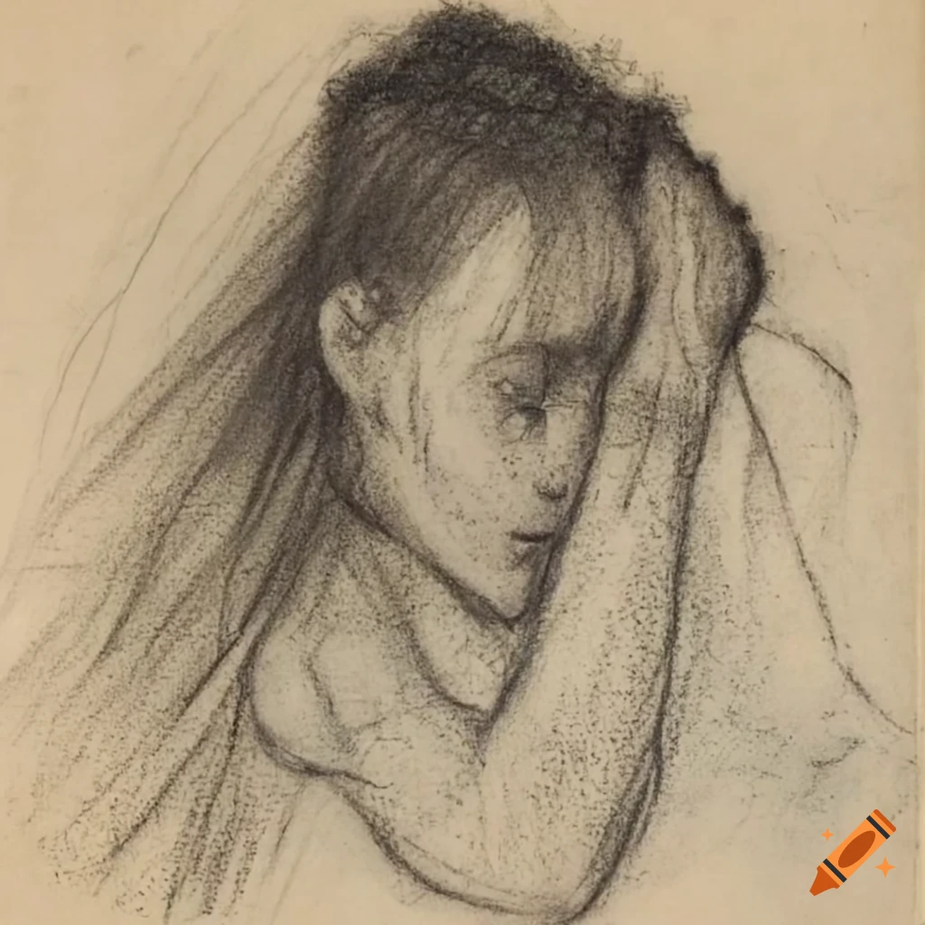 charcoal drawing of a girl with flowing hair